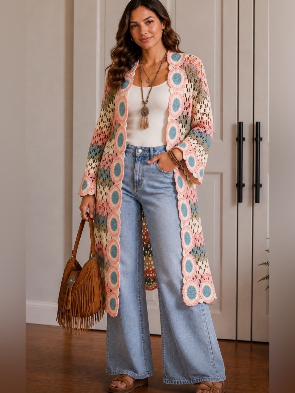 POL BOHO chic‎ Pink blue granny square Crochet Long Cardigan kimono ONE size